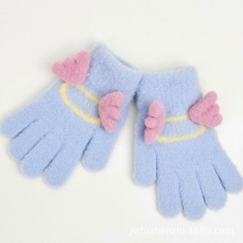 Children's cute gloves five fingers warm angel wings piled and thickened cute children's outdoor travel five fingers