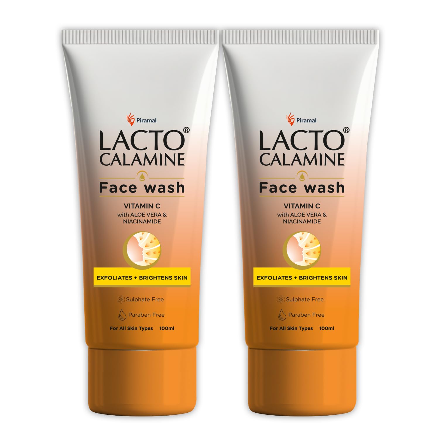 Lacto Calamine Vitamin C Face Wash Pack of 2 x 100ml Aloe Vera Niacinamide Glowing Skin Cleanser