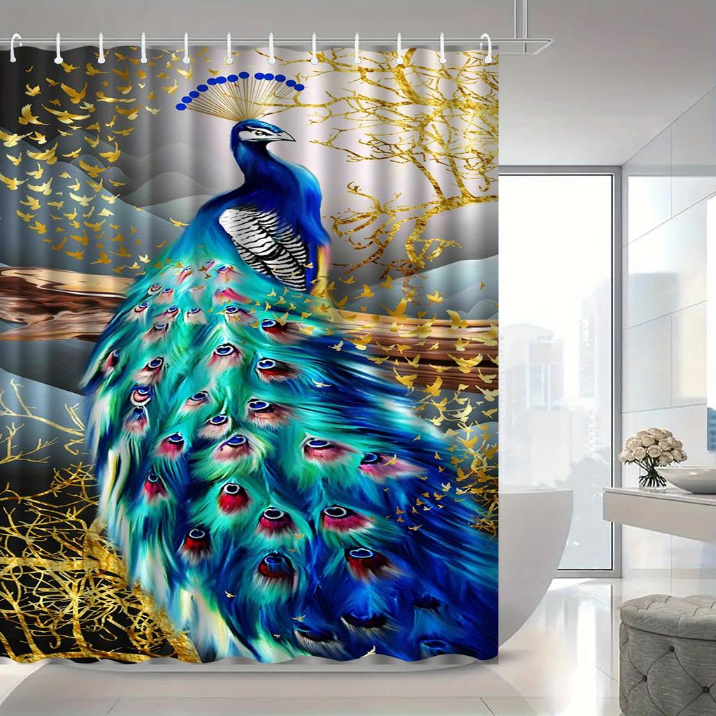 Peacock Shower Curtain Blue Gold Feather Art Elegant Bird Decor Luxury Bathroom Waterproof Fabric Bath Curtain Set Home