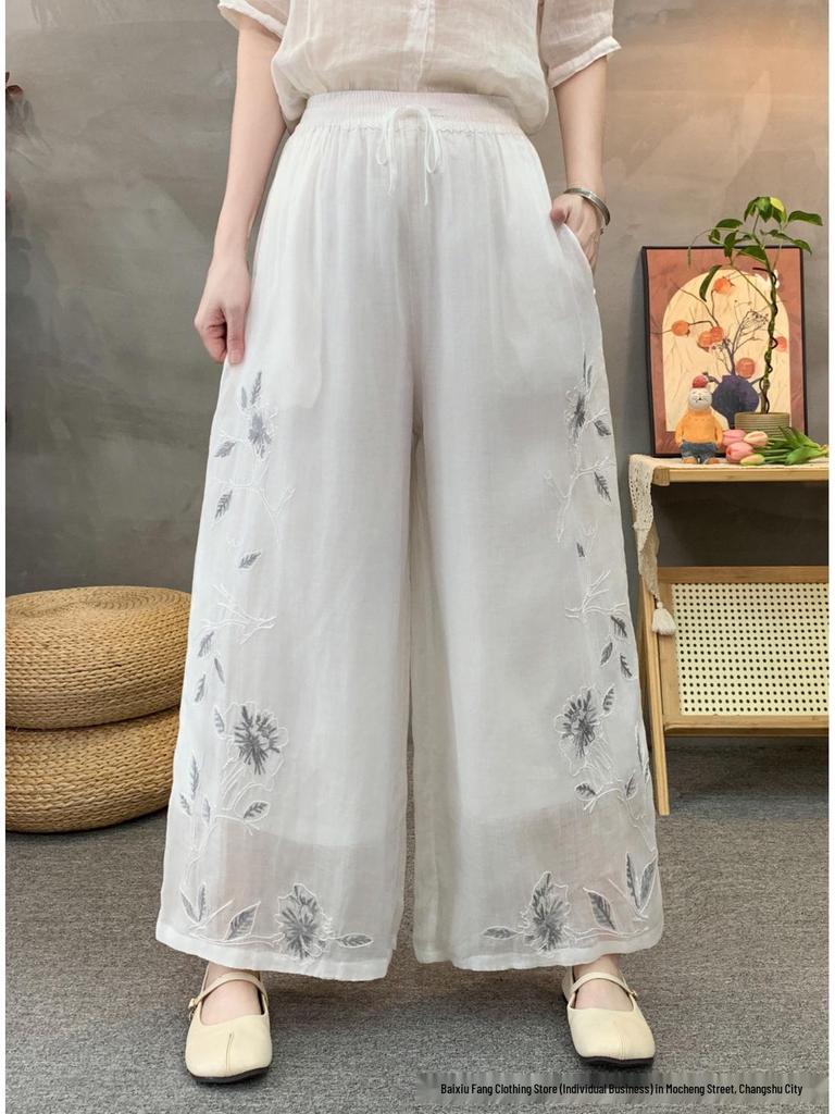 2026 Summer Linen Wide-Leg Pants with Artistic Embroidery and Elastic Waist for Women