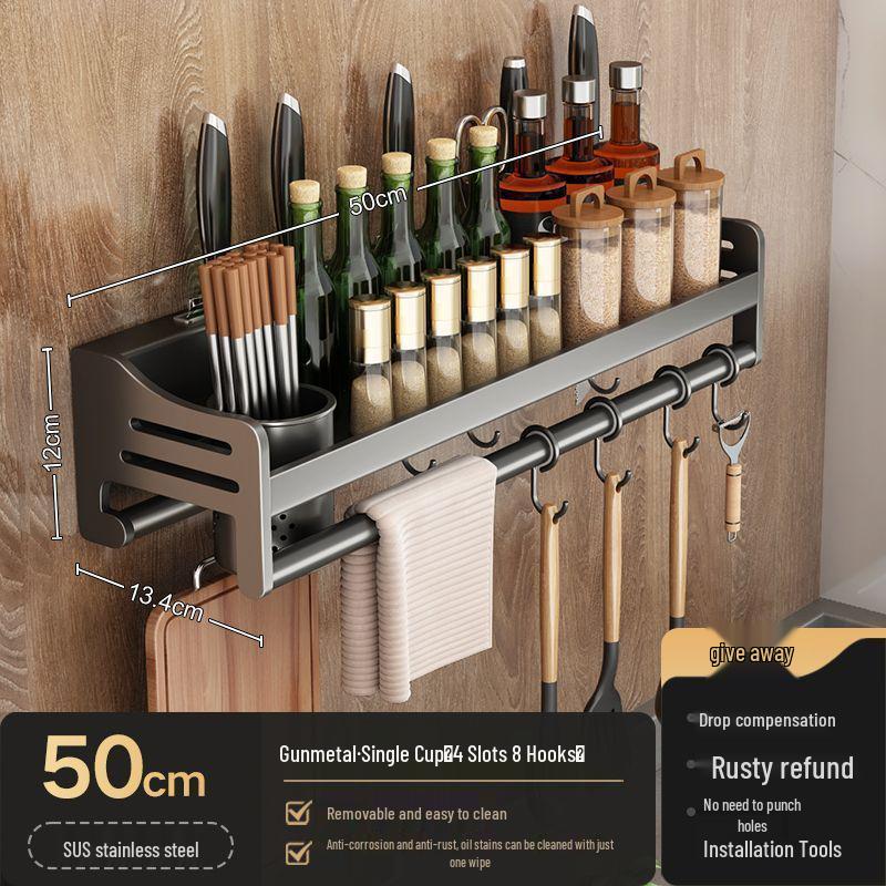 Stainless Steel Wall-Mounted Kitchen Rack with Chopstick, Knife, and Spice Storage