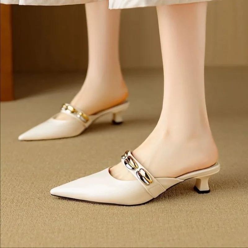 Baotou Semi-drag Women's New Summer Pointed Toe Shallow Mouth Metal Buckle One-band Non-slip Mid-heel Sandals and Slippers