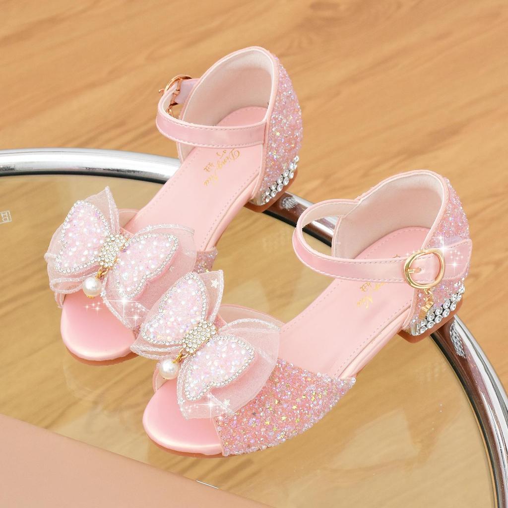 Girls' High-Heeled Crystal Sandals with Rhinestone Bow - Soft Sole Princess Shoes for 2026 Summer Performances