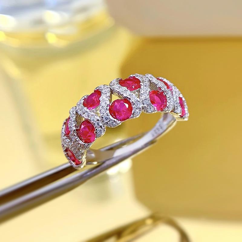 Luoxi Temple Jewelry 925 Sterling Silver Ring with Zircon, White Diamond, and Red Diamond - European & American Fashion Band for Women