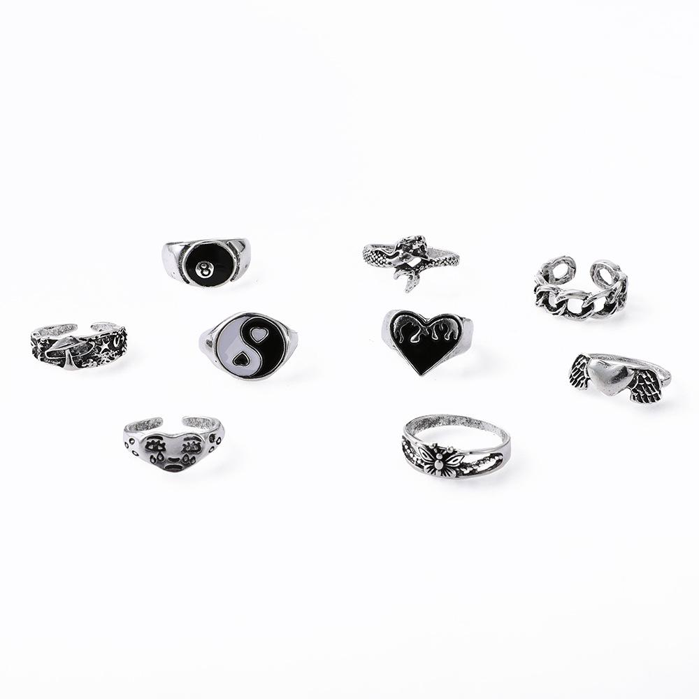 Retro Ring Dripping Oil Love Butterfly Chain Snake Shape 9 Piece Set Ring