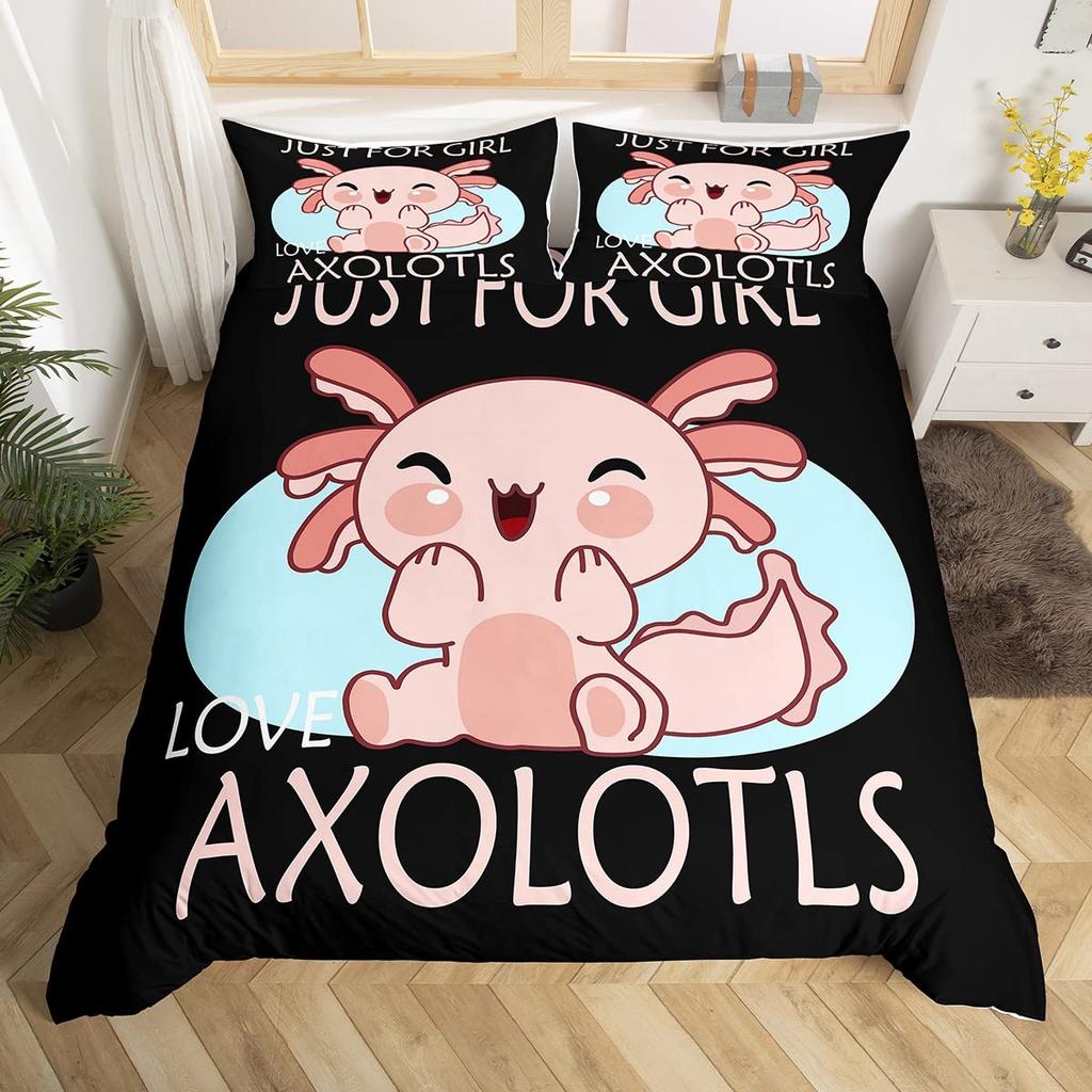 Cartoon Axolotl Duvet Cover Set King/Queen Size Kids Girls Boys Cute Rainbow Sea Wildlife Animal Reptile Bedding Set