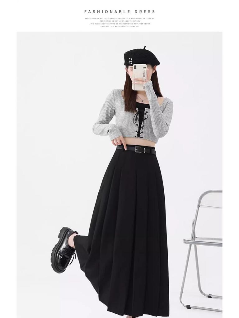 Women's High Waist Gray A-Line Pleated Mid-Length Skirt - Spring, Summer, Autumn 2025