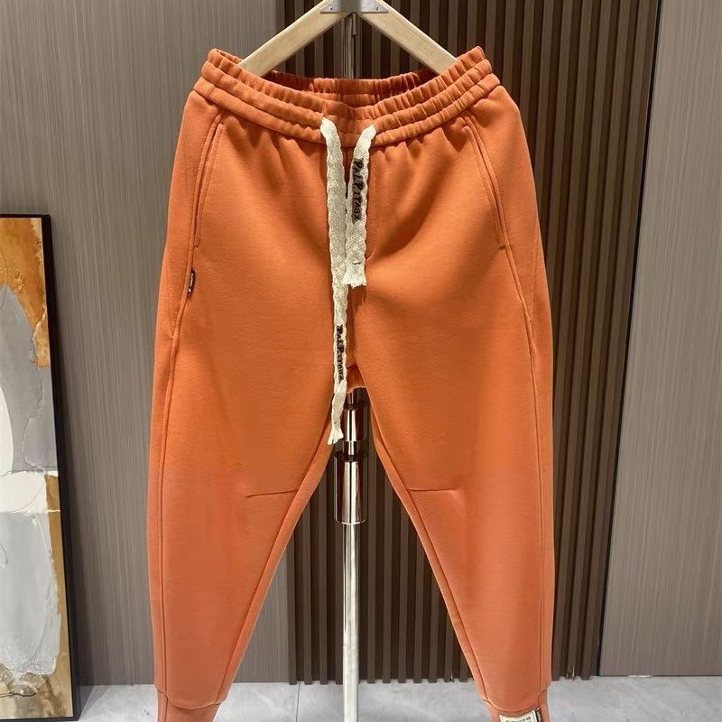 Korean Trendy Autumn New Plus Velvet Men Solid Elastic Waist Pocket Drawstring Fashion Versatile Sports Loose Harem Sweatpants