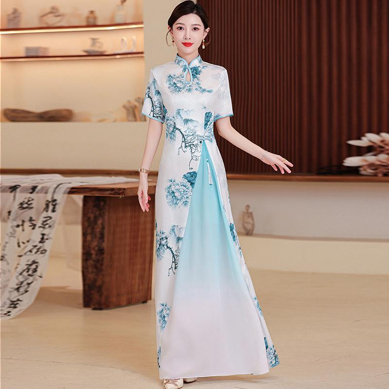 2025 Retro Chinese National Style Ao Dai Print Cheongsam Dress: Short Sleeve, Long Design for Women