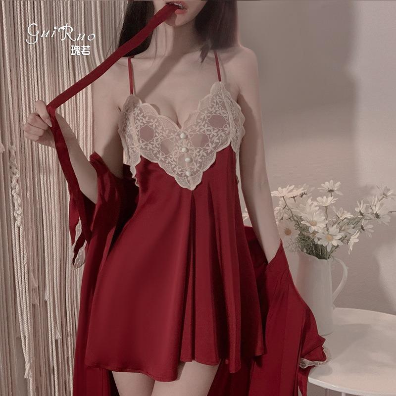 Sexy Cross Backless Deep V Seduction Lace Splicing Satin Nightdress Robe Women's Home Suit