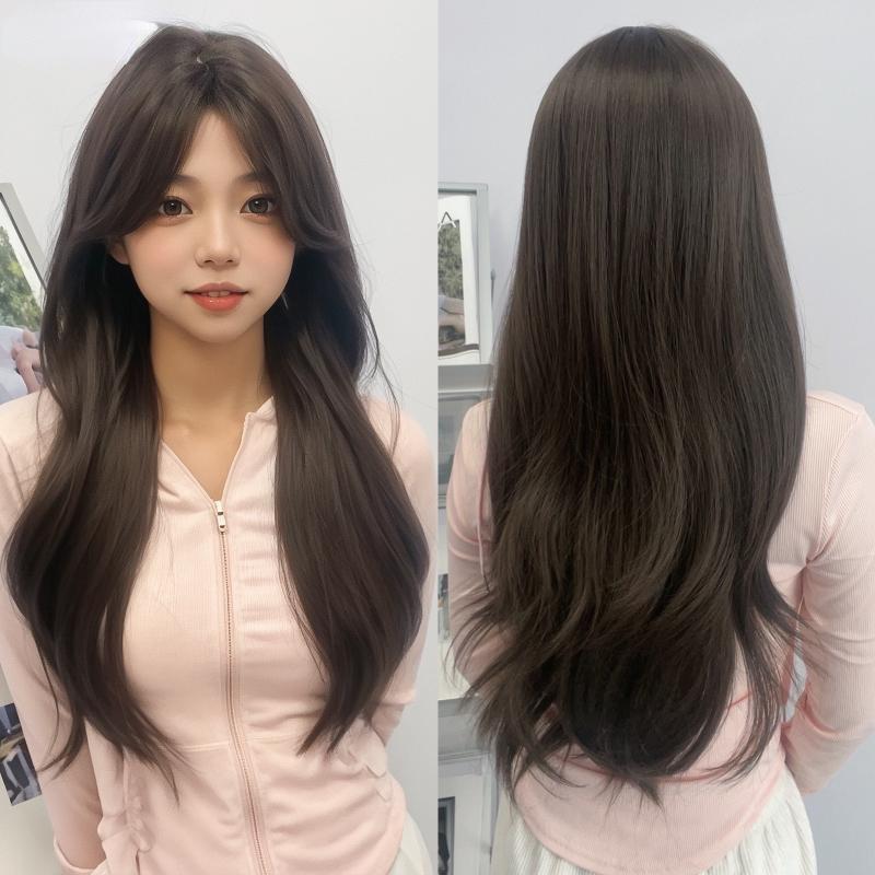 24 Inch Black Tea Curly Wigs Thick Bangs Separated Fiber Synthetic Heat-resistant Natural Party or Selfie For Women Korean Fashion