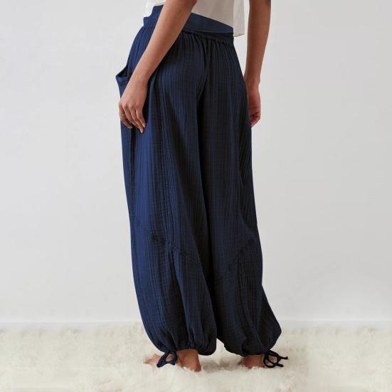 

Женские брюки с высокой эластичной резинкой на талии, широкие свободные брюки с глубоким промежутком, плиссированные карманы на щиколотке, однотонные мягкие женские повседневные брюки 3XL темно-синий