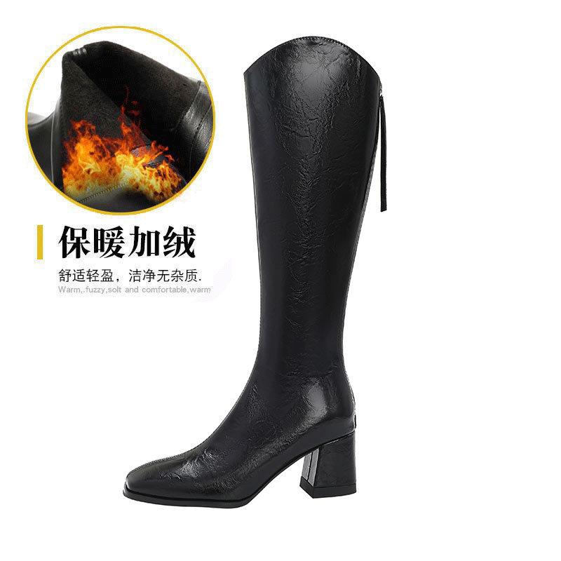 High-heeled Boots Women's 2025 New Autumn and Winter Thin But Knee Boots Thick Heel Brown V-mouth Square Head High Boots