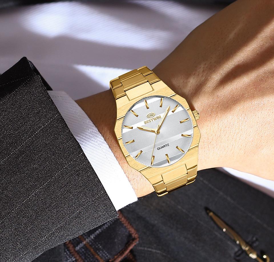 BESTWIN Luxury Brand Watches for Men Thin Business Men's Watch Stainless Steel Strap Wristwatches Clock Reloj