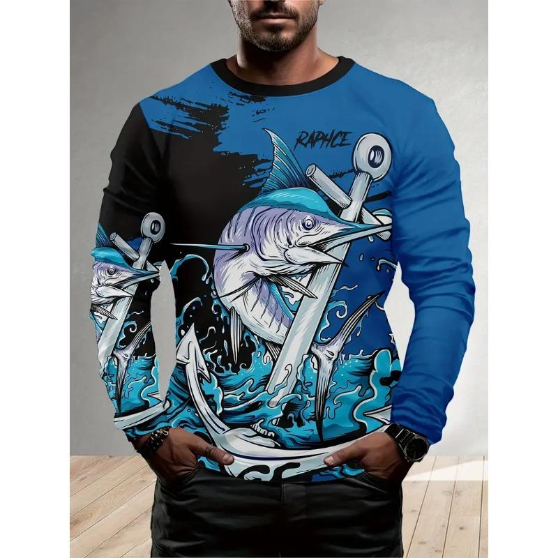 Men's Outdoor Fishing Long Sleeve T-shirts 3D Fish Print Round Neck Tshirt Summer Casual Loose Top Oversized Men Fishing Clothes