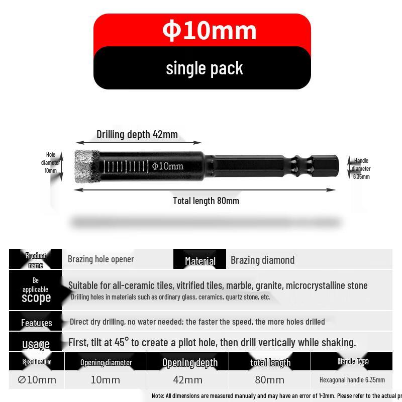 Hex Shank Hole Drill Bit for Glass, Marble, Ceramic, and Porcelain Tiles - Dry Use