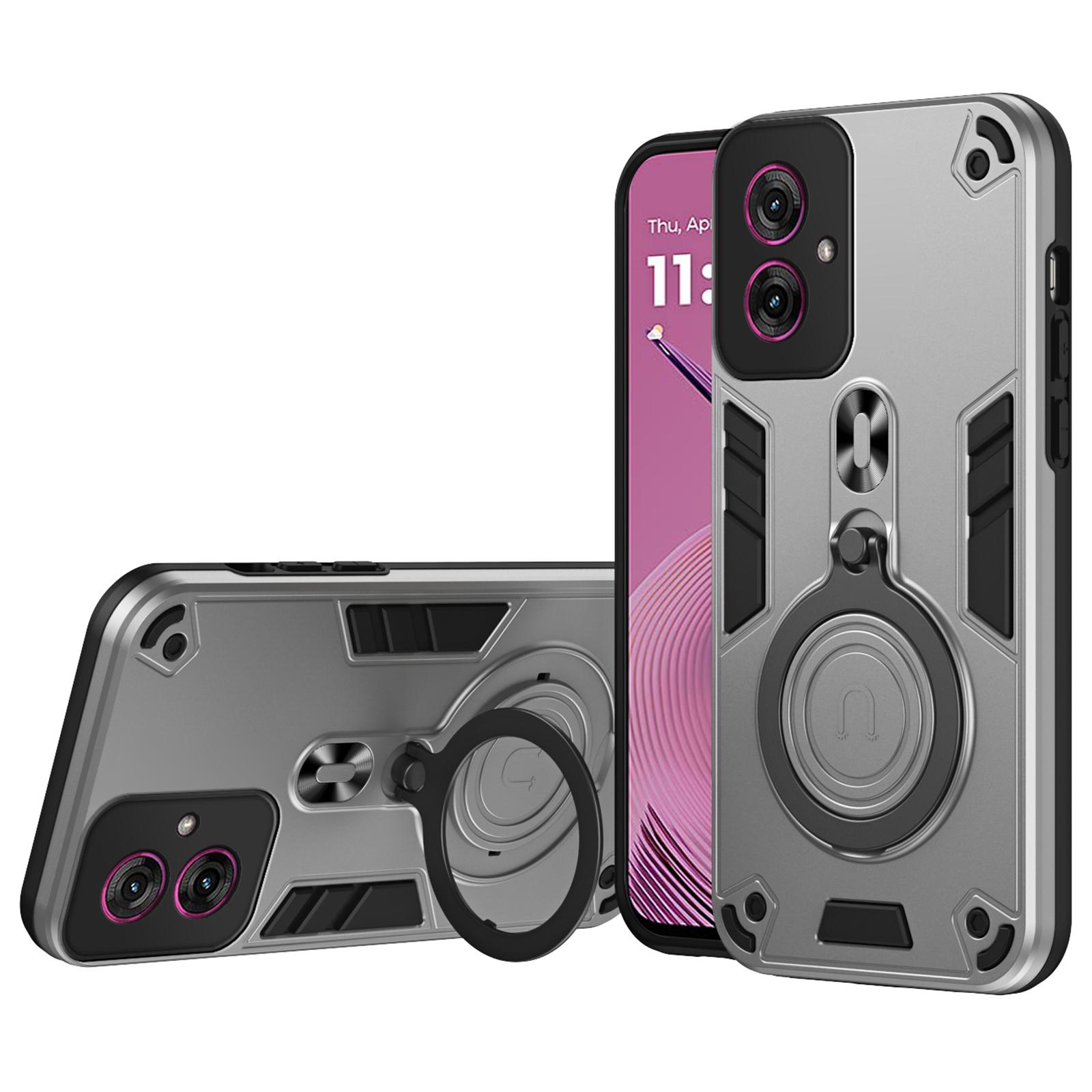 

For Motorola Moto G55 5G Case Rotatable Kickstand PC+TPU Drop Protection Phone Cover Silver