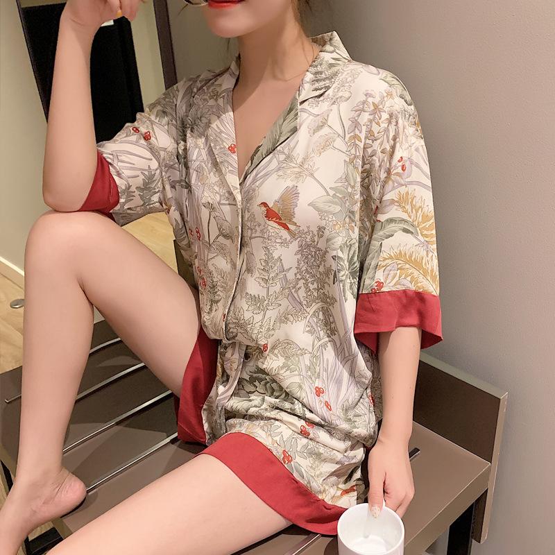 Summer Pajamas Women'S Short-Sleeved Shorts Lapel Cardigan Can Be Worn Outside The Bird Loungewear Set