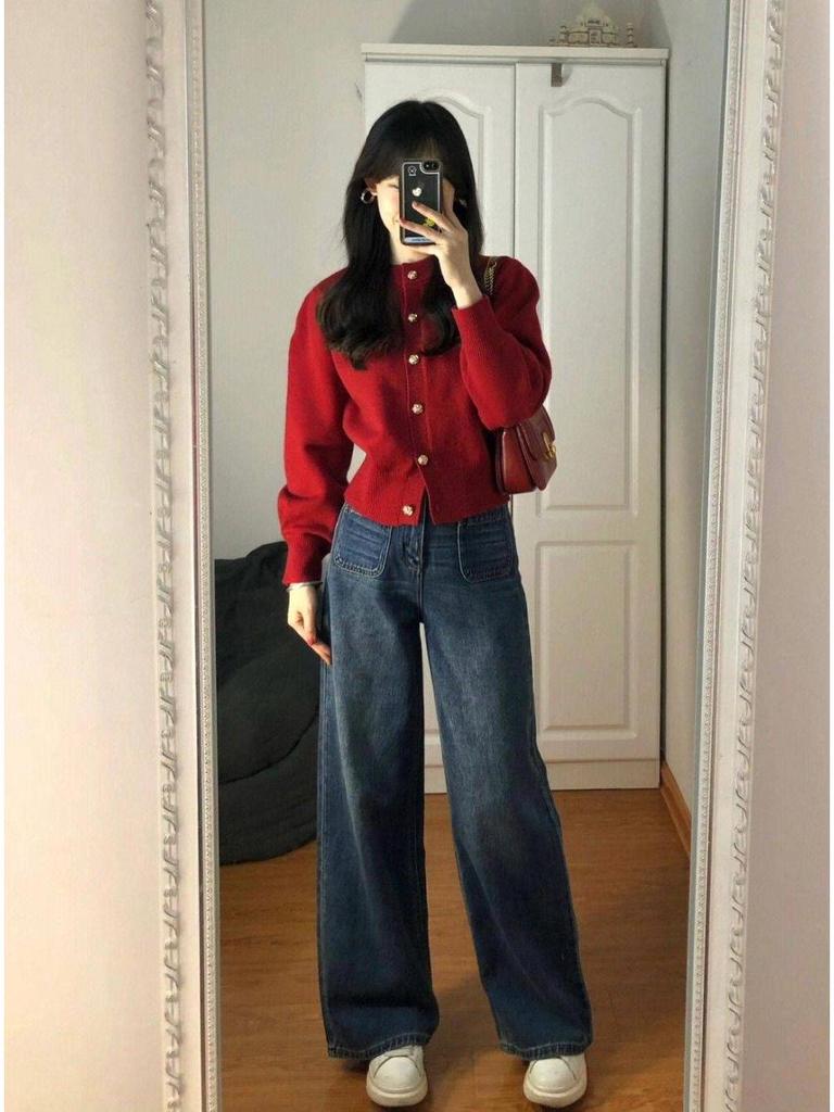 Auspicious Red Waist-Defining Knit Cardigan Sweater for Women