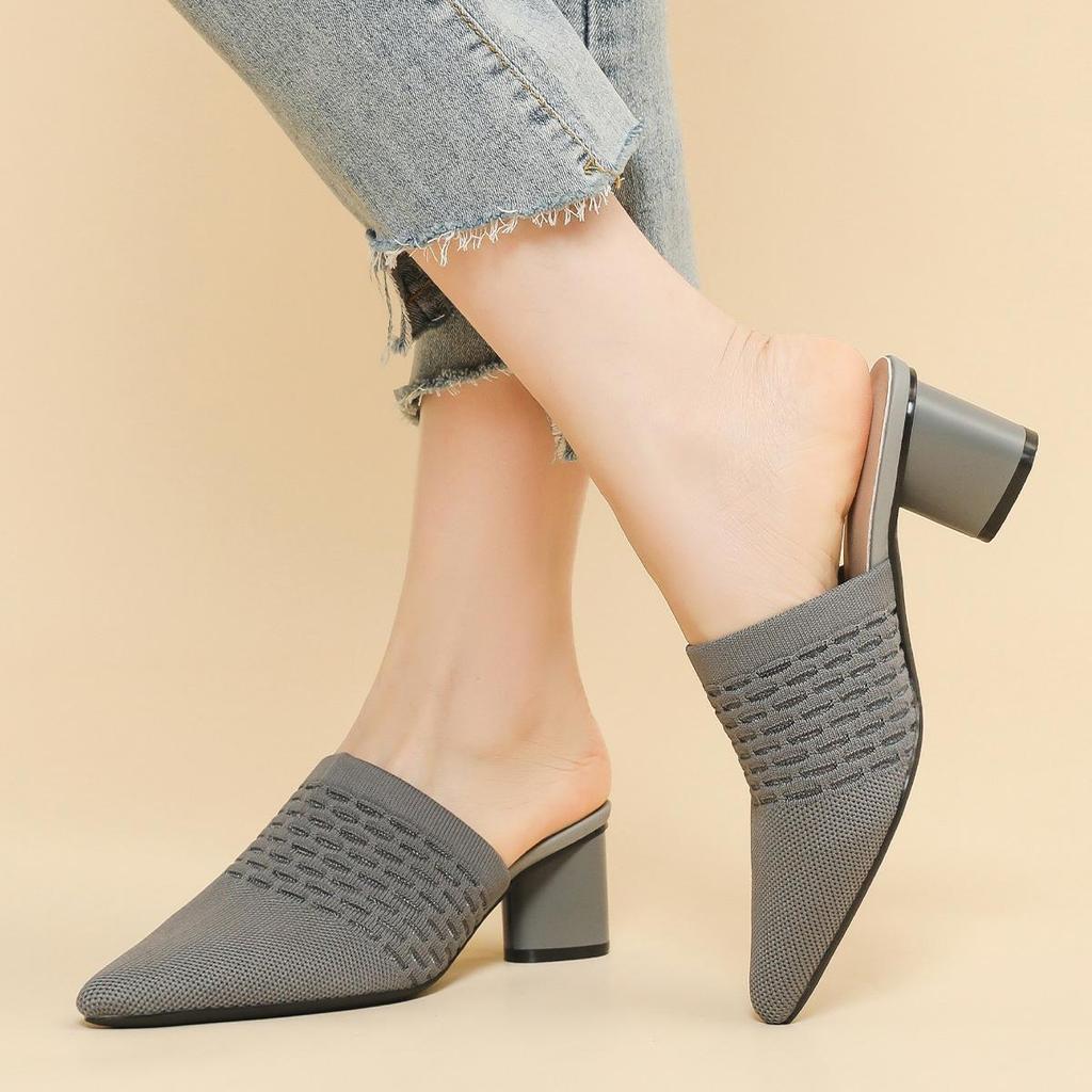 Dámské Velké Velikosti Jarní Špičaté Špičky Tlustý Vysoký Podpatek Pantofle Boty Ležérní Prodyšné Jednobarevné Pletené Sandály Boty 34-43