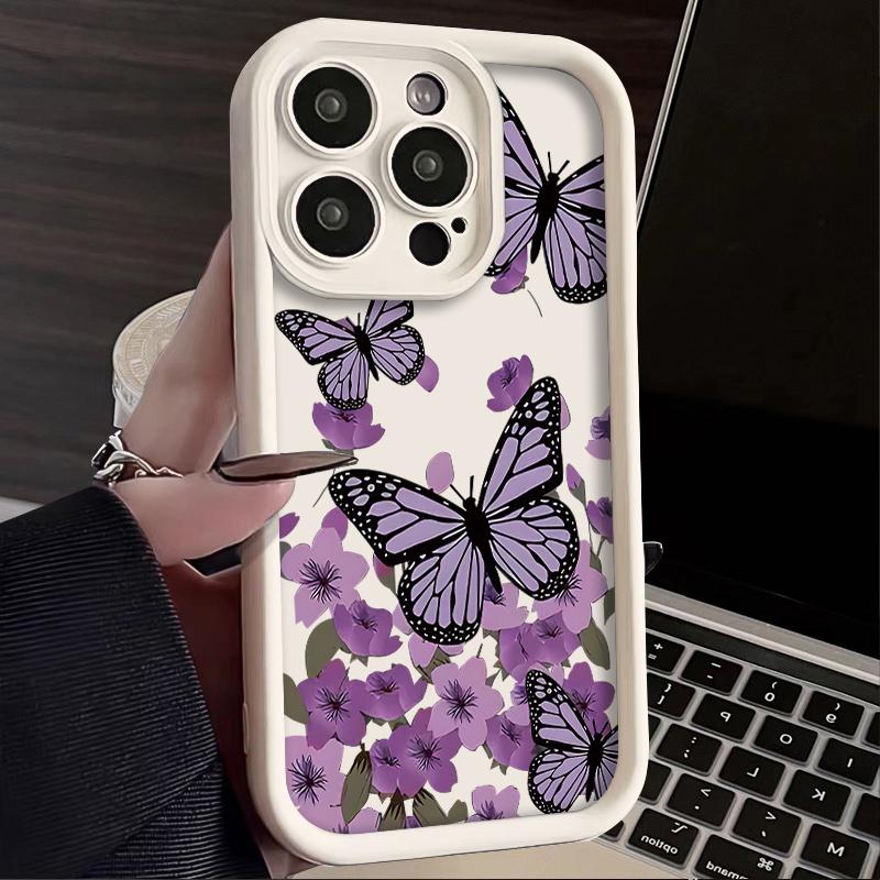 Funda de teléfono artística con mariposa morada para iPhone 16 15 14 13 12 11 SE Plus Pro Max, Silicone shockproof soft case