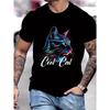 European Sizes Men's Cool Cat Graphic Tee - Vibrant Colorful Cat Design, Black Short-Sleeve T-Shirt, Round Neck, Machine Washable