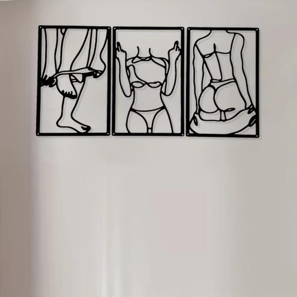 Conjunto de três peças arte de parede abstrata psicológica em metal pintura de linha única decoração de arte de parede, metal pendurado moderno para casa