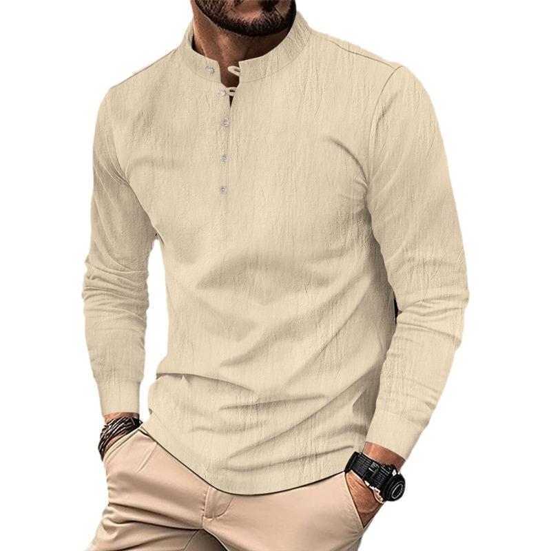 Camisa Henley Casual Retro de Algodão e Linho para Homem, Botão, Manga Comprida