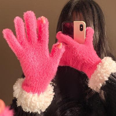 Korean Cute Lamb Plush Finger Gloves Women's Winter Velvet Warm Dew Fingers Can Touch the Screen Riding Windproof and Antifreeze