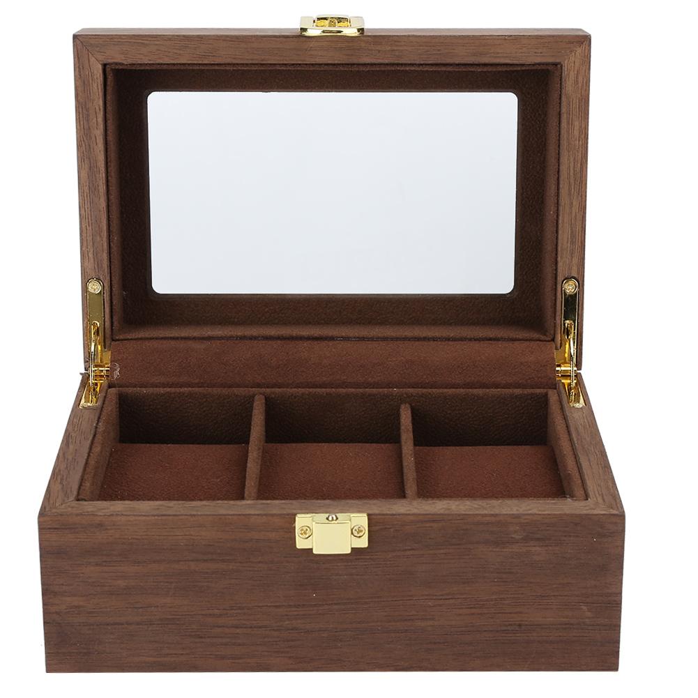 Wooden 3 Grid Watch Display Box Transparent Window Watch Storage Box (Black Walnut Color)