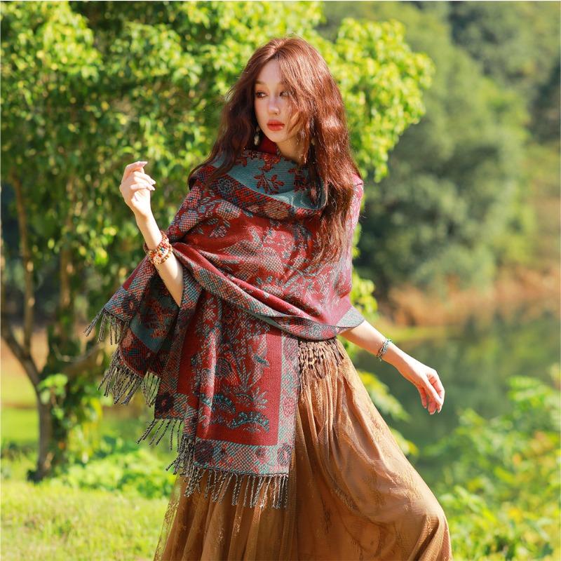 Spring and Autumn New Jacquard Shawl Core-spun Yarn Warm Windproof Scarf Xizang Yunnan Travel Scarf