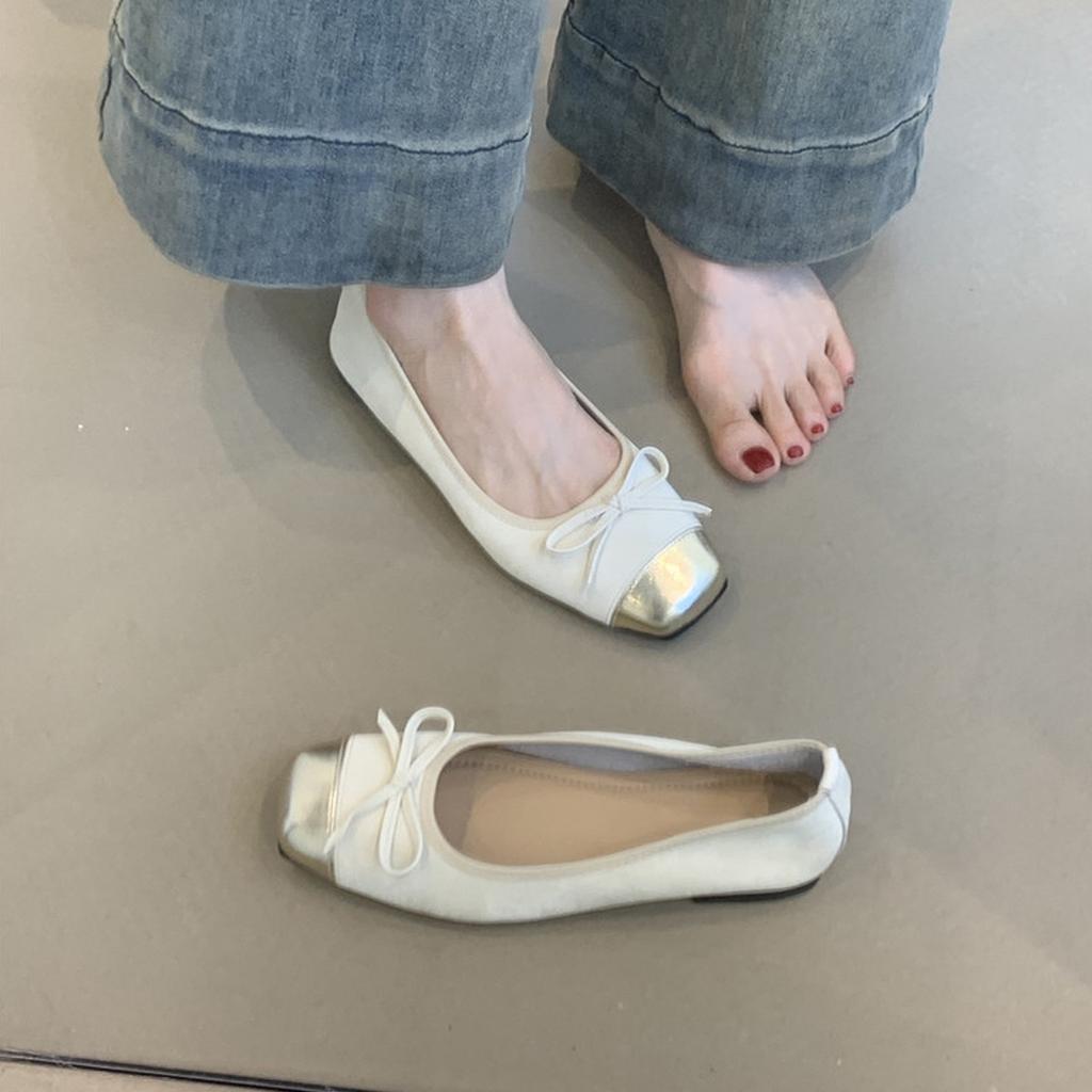 French Small Fragrant Style Bow Light Mouth Ballet Single Shoes Women's Versatile Square Head Gentle Flat Grandma Shoes