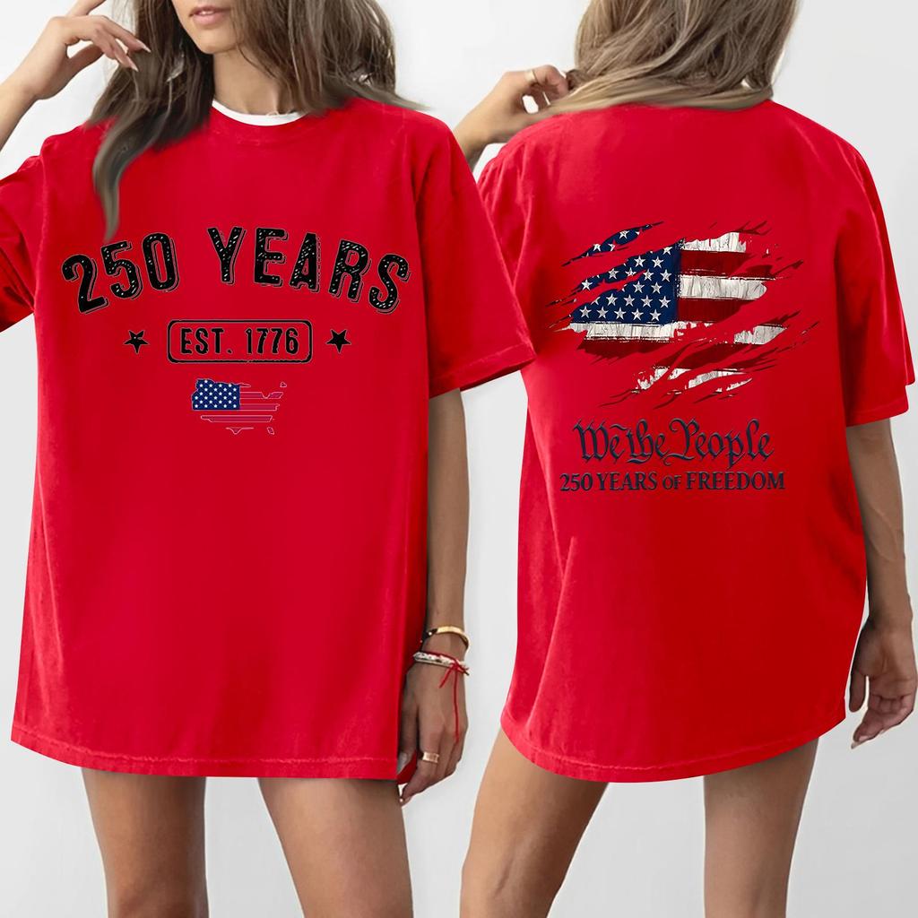 Women's Casual Independence Day 250 Anniversary Printed T-shirt Round Neck Pullover Short Sleeve Top