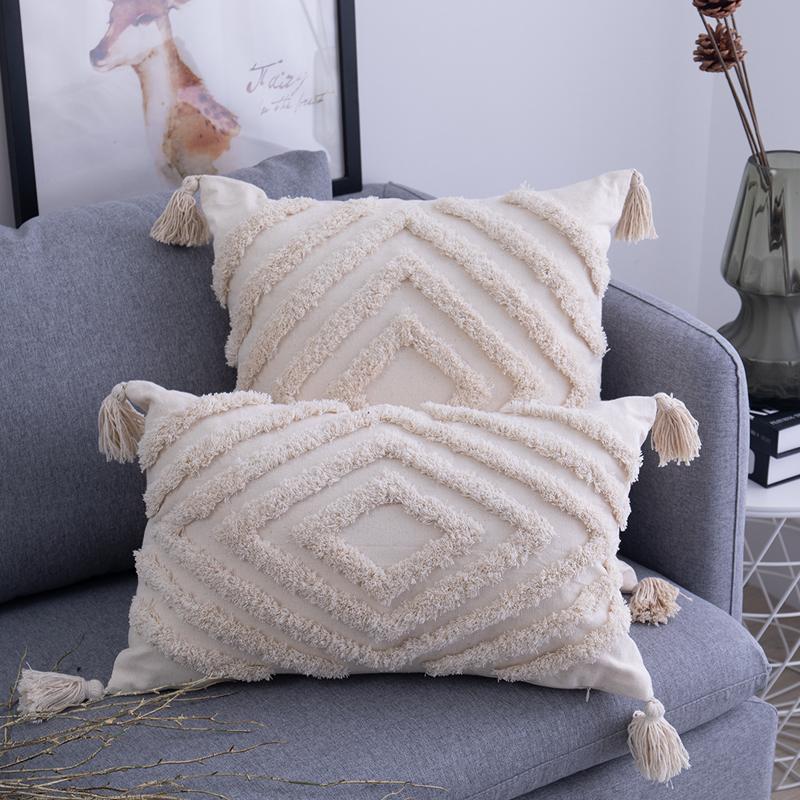 Bohemia Tassels Cushion Cover 45x45cm/30x50cm Beige Pillow Cover Handmade Square boho living Room Bed Room Home Decoration