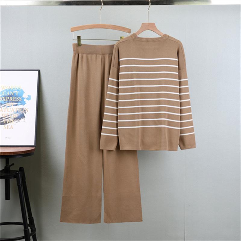Spring and Autumn Fashion Unique Design V-neck Striped Knitted Set Women's Lazy Style Sweater Two Piece Set