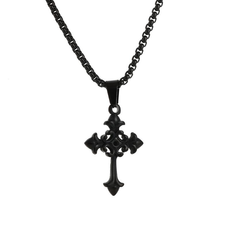European and American Gothic Fashion Cross Pendant Colorless Titanium Steel Necklace 60CM