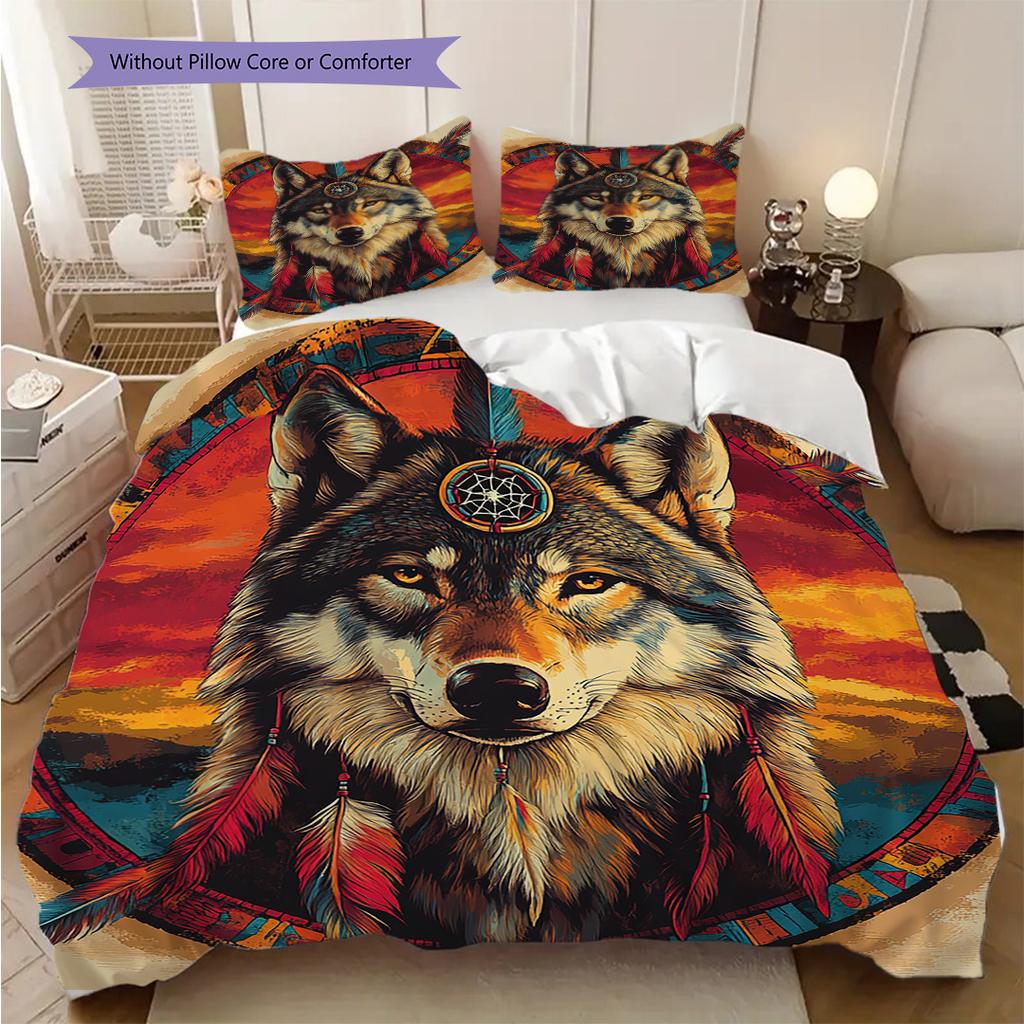 Primitive Wolf Pattern Bedding Quilt Set Quilt Cover Pillowcase Home Decoration Birthday Gift (1 * duvet cover + 2 * pillowcase, without core)