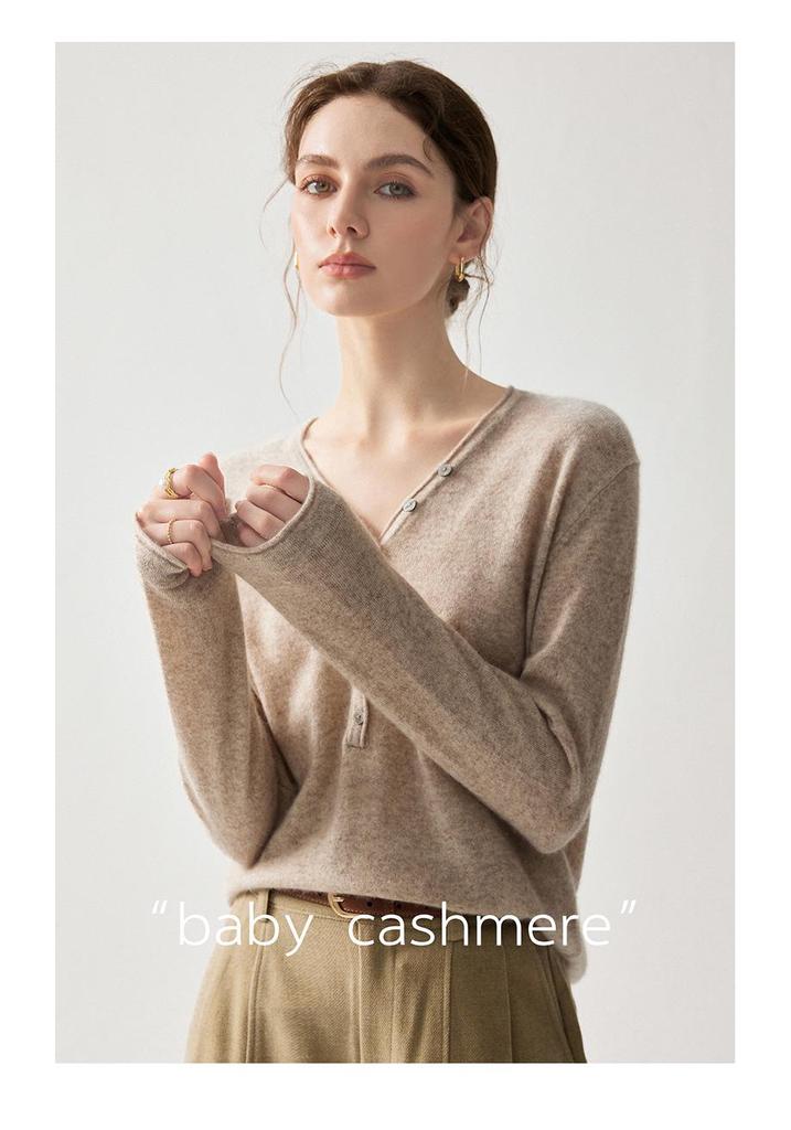 V-Neck Half-Button Soft Cashmere Sweater - Women's 2026 Autumn Base Layer, Elegant Solid Color