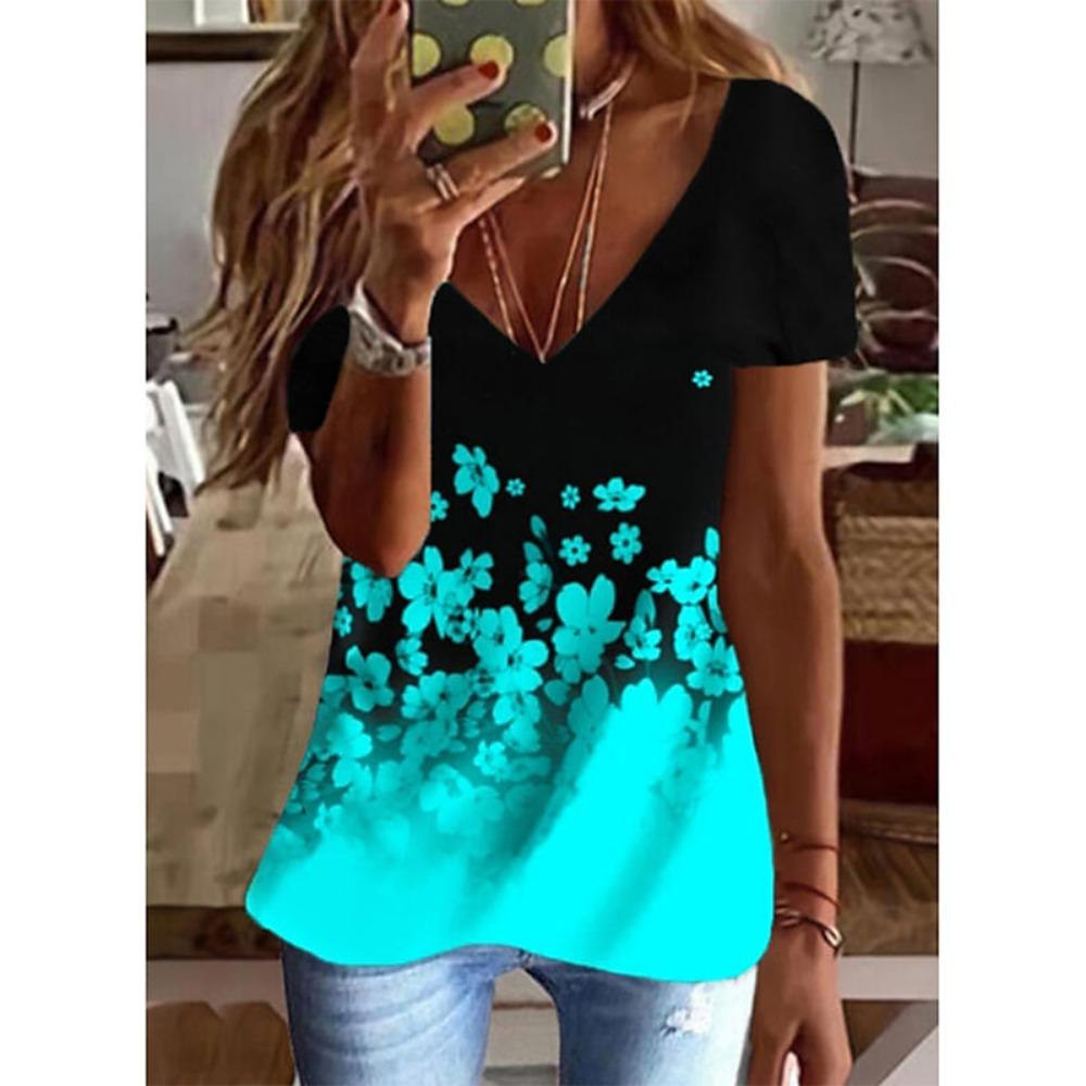 Abstract Graphics Floral 3D Print T Shirts Women Short Sleeve V-Neck T Shirt Streetwear Oversized Tops Harajuku Tees Clothing
