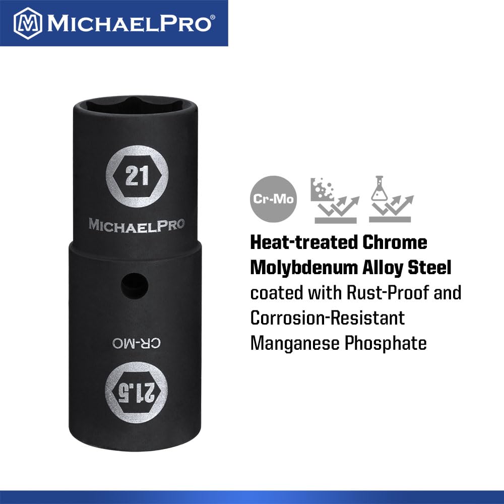 MichaelPro MP005042 Drive Impact Flip Lug Nut Socket Half Lifetime with Knockout Bar 4-Piece 1/2-Inch Thin-Wall Set, Size, Chrome-Moly Steel, Use,