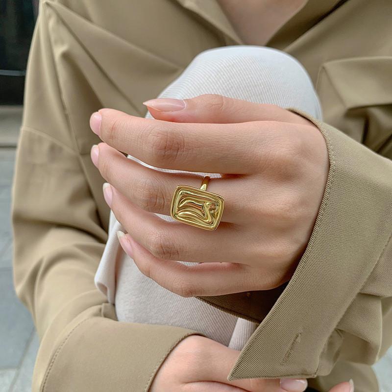 Korean Trendy 925 Silver Ring With Glossy Geometric Rectangle For Womens Style Elegant