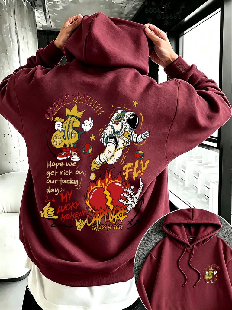 American-style Street Astronaut Graffiti Double-sided Printed Hooded Oversized Loose-shoulder Long-sleeved T-shirt for Couples