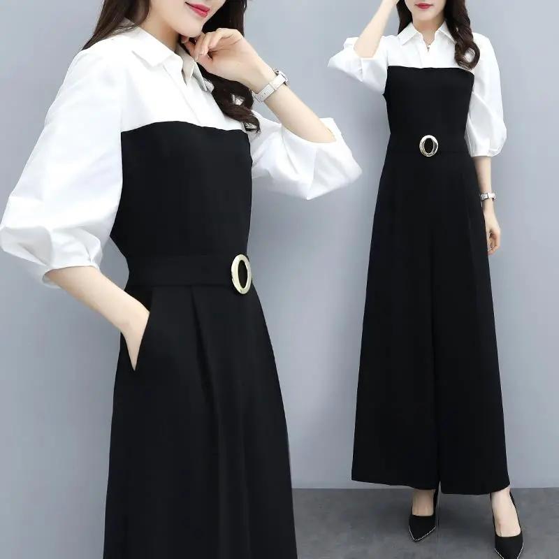 Spring and Summer Black Jumpsuit Women's Korean Casual Temperament Wide-leg Jumpsuit Shirt One-piece Suit