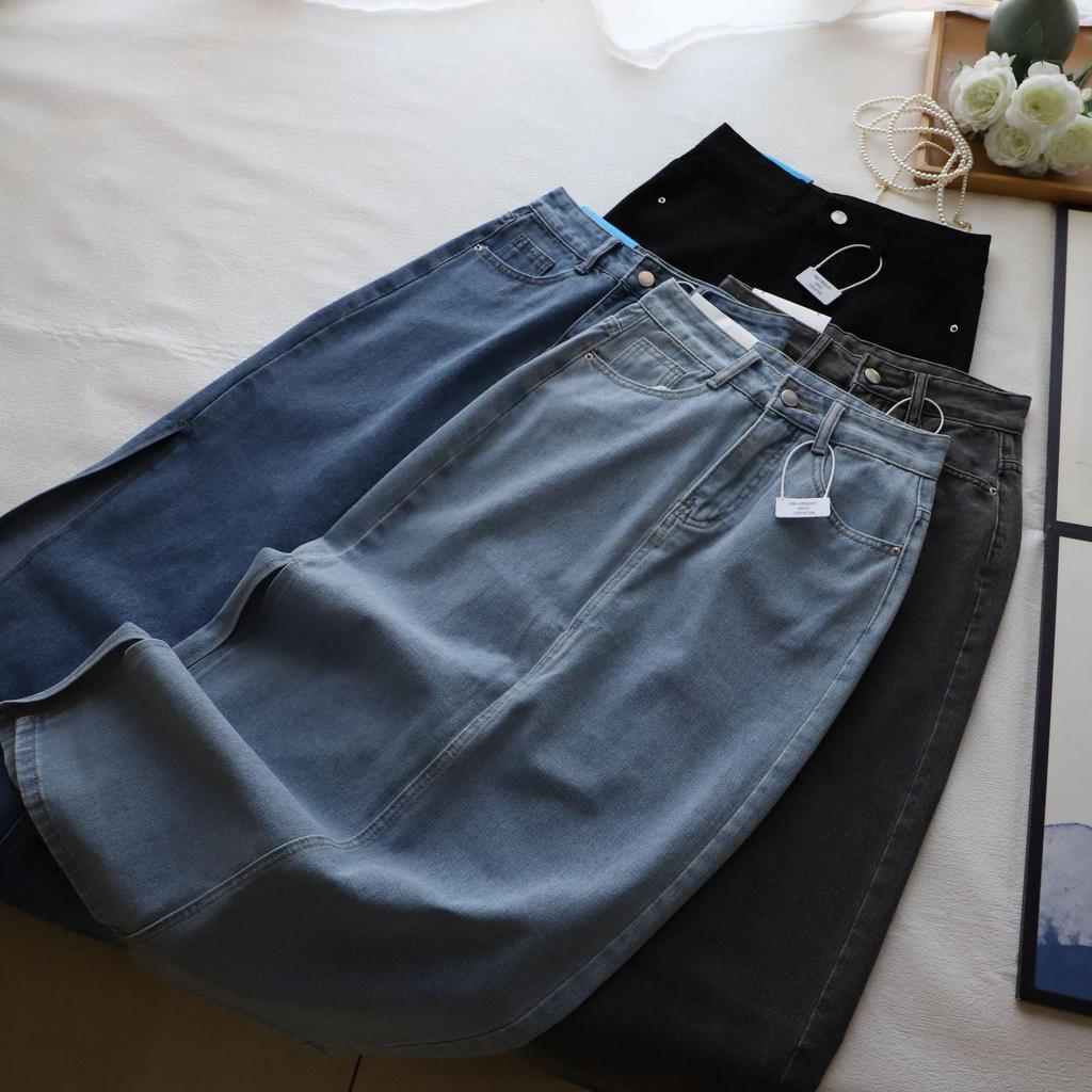 Denim Pencil Maxi Skirt with Side Slit - 2025 Spring/Summer Korean Style