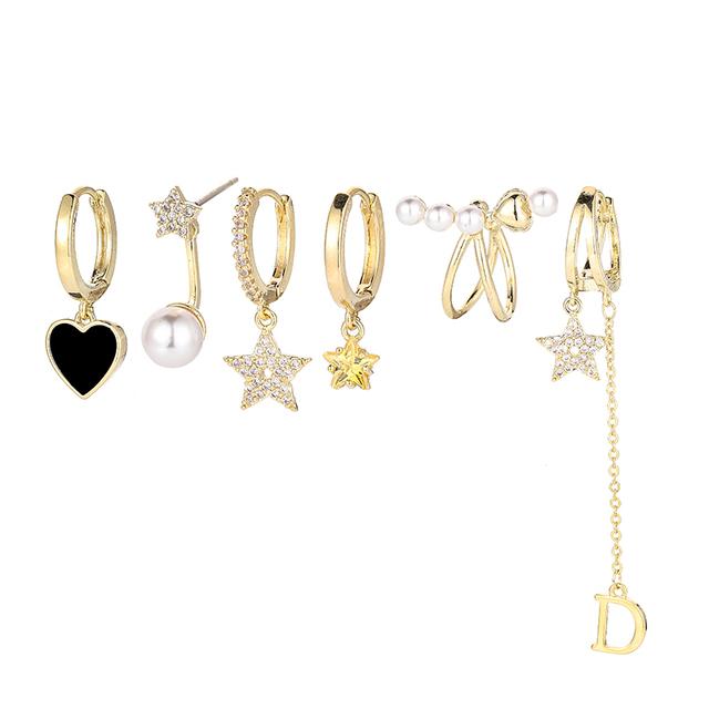 

ANENJERY серьги-кольца с цирконием, звездным сердцем и жемчугом, кисточкой, буквой D, серьги-кольца для женщин, персональный набор серег из 6 предметов
