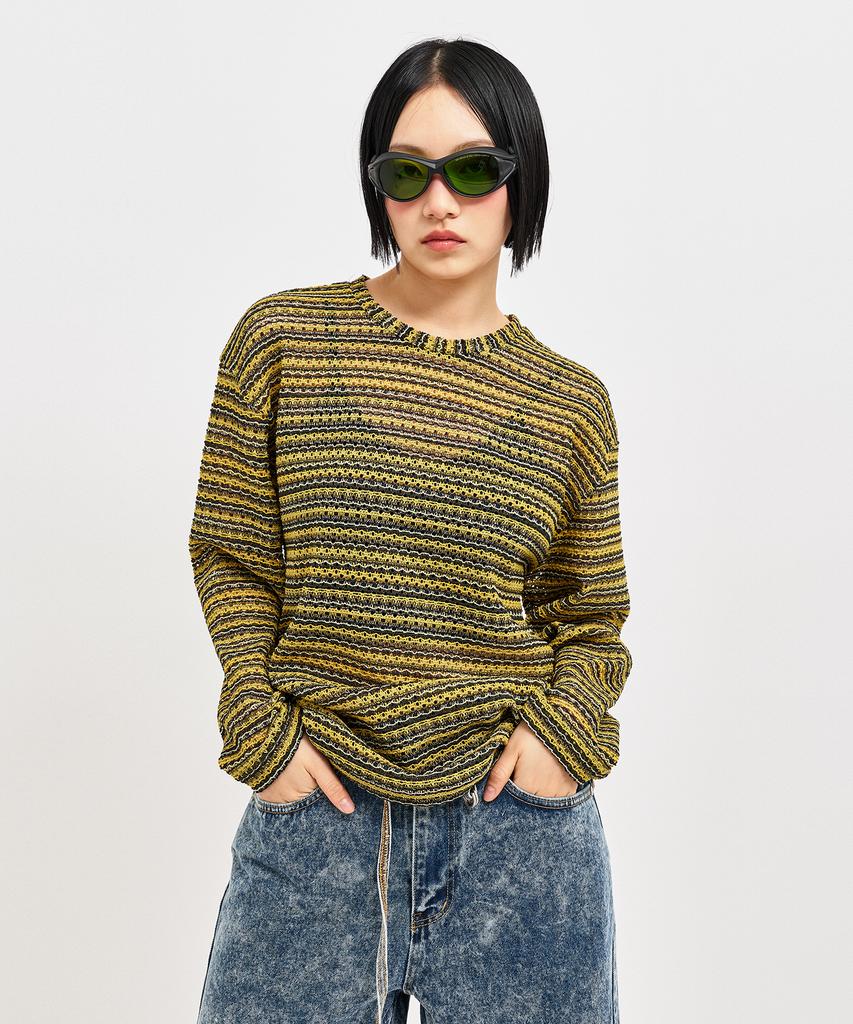 C WEAR BY THE GENIUS See-Through Craft Knit Pullover Yellow