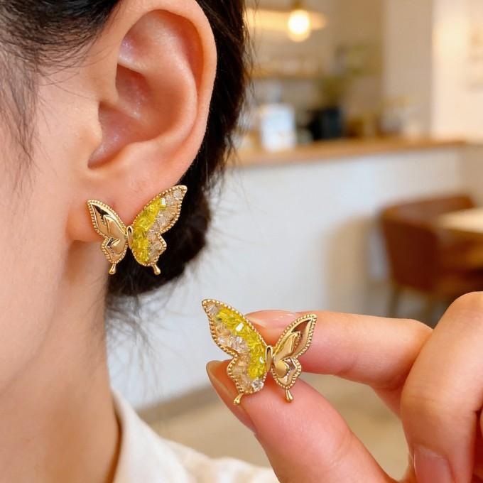 Spring Cream Butterfly Stud Earrings Premium Gilt Diamond Earrings Fairy Earrings