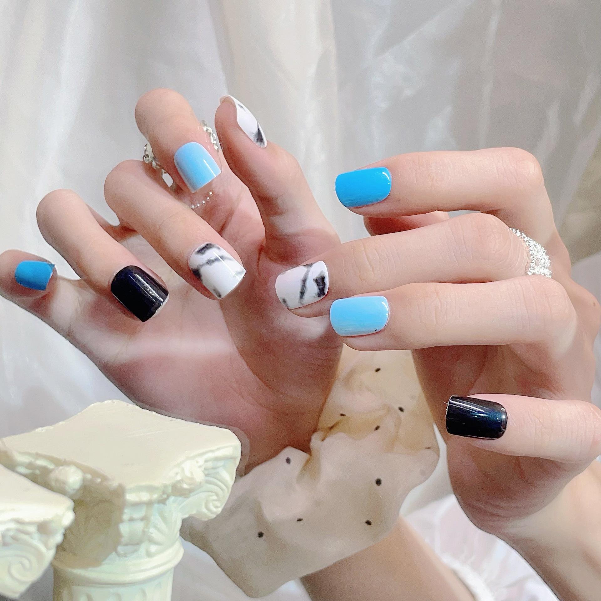 

Summer Fresh Light Blue with Black & White Marble Press-On Nails