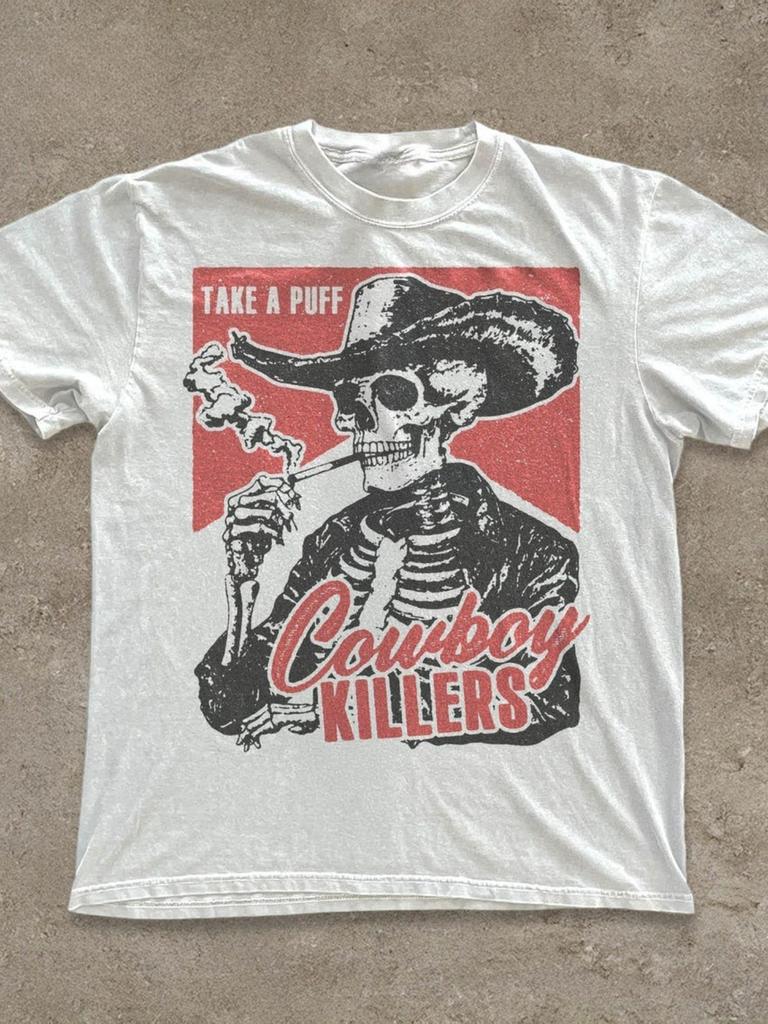 Smoking Skeleton Unisex Adult Tee, Cowboy Killers Shirt, Funny Skull Graphic T-Shirt, Vintage Western Grunge Shirt