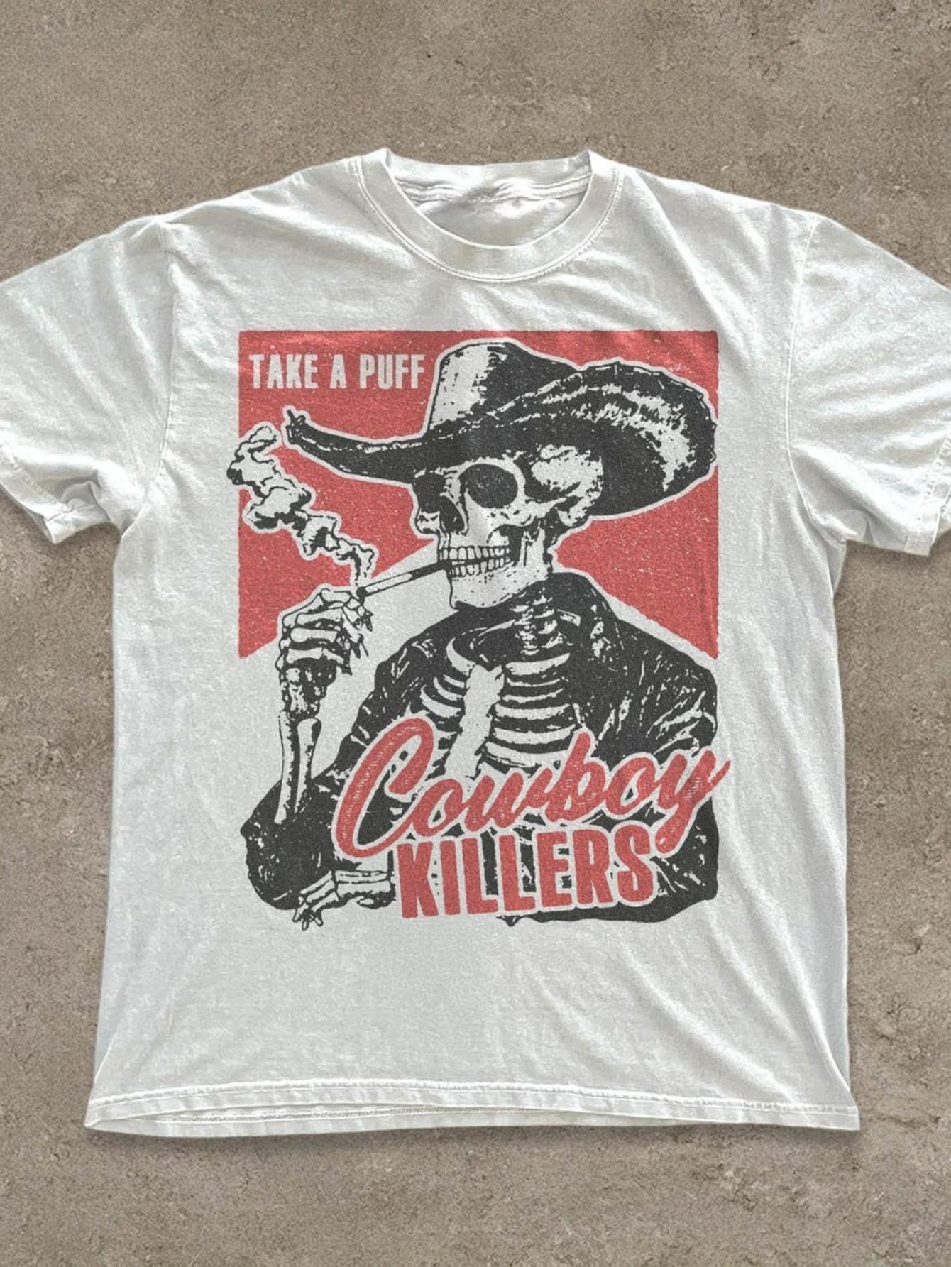 Smoking Skeleton Unisex Adult Tee, Cowboy Killers Shirt, Funny Skull Graphic T-Shirt, Vintage Western Grunge Shirt S